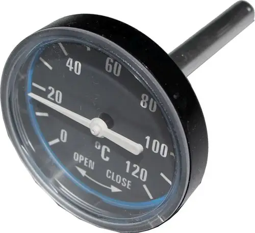 Thermometer von Wolf mit schwarzem Zifferblatt und Zeiger, skaliert von 0 bis 120 Grad Celsius, zur Temperaturmessung geeignet.